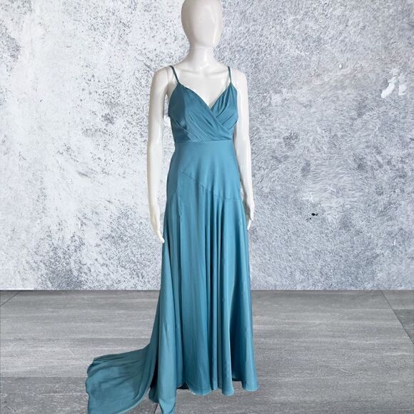 Fame & Partners Teal Sleeveless Spaghetti Strap Satin Gown - Picture 1 of 8